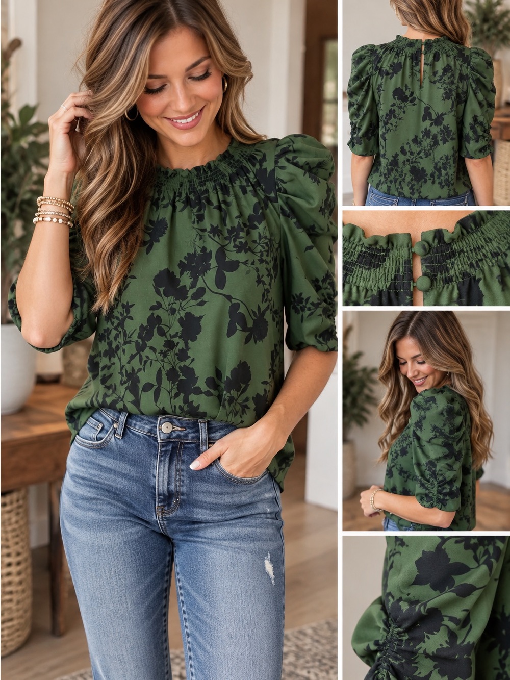 Sugarlips Olive Green Floral Puff Sleeve Blouse